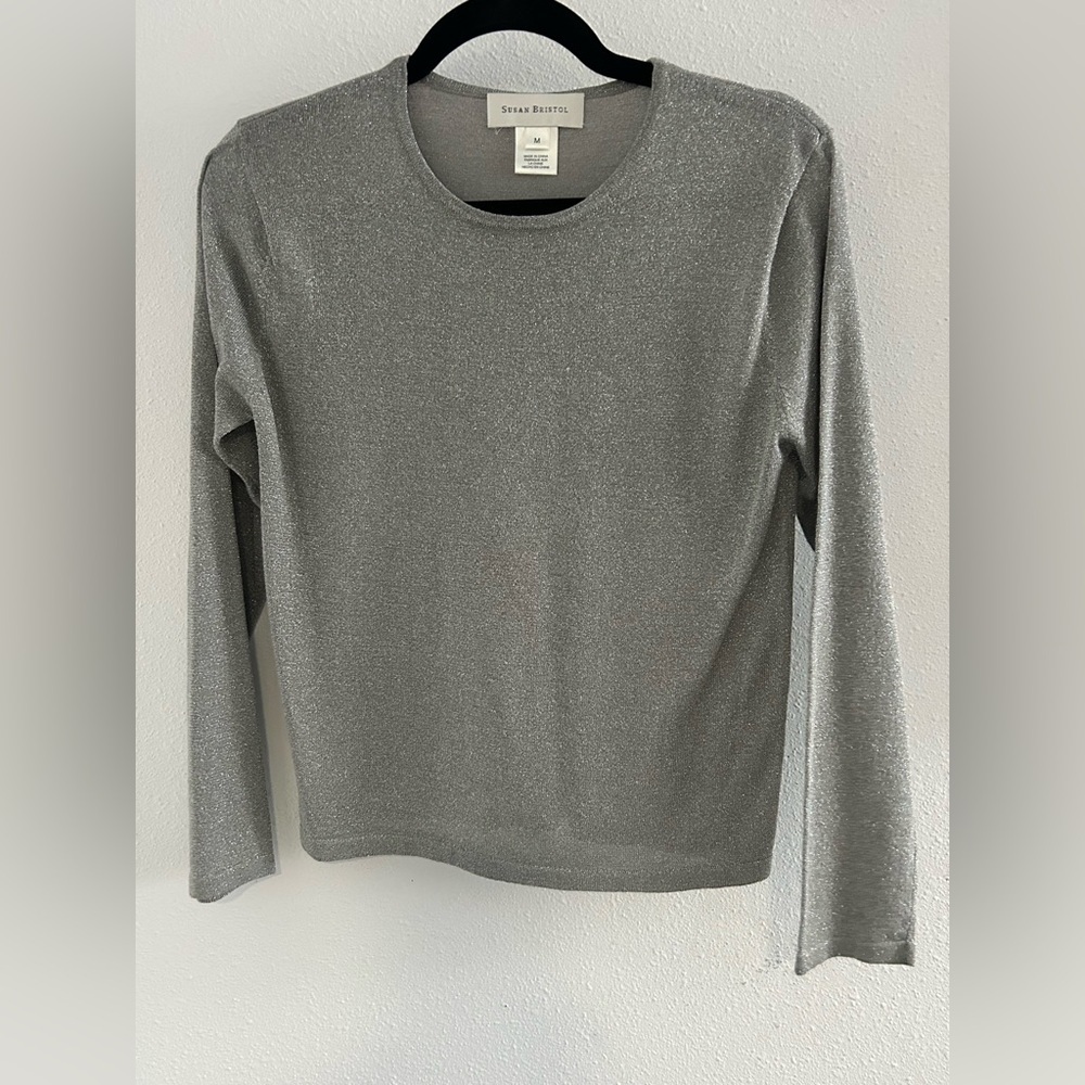 Susan Bristol Silver Metallic Crewneck Top Size Medium